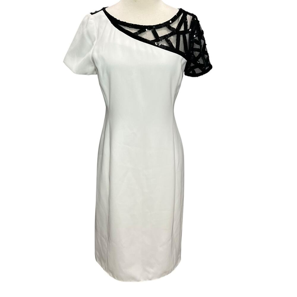 Angel Sanchez Sheath Dress 6‎ White Black Sequined Sheer Minimalist Renaissance